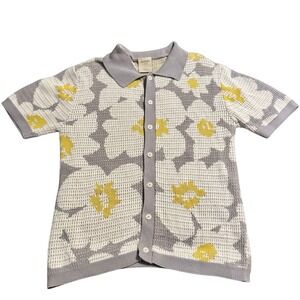 MASSIVE LUXURY Men Floral Crochet Knit Button Up Cardigan XL Grey Yellow